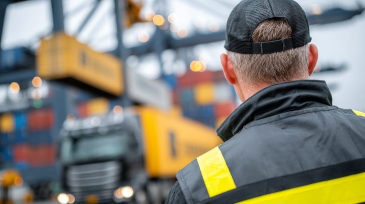 Rückansicht eines Logistikmitarbeiters mit Kappe, der die Verladung von Containern und LKWs im Hafen überwacht.