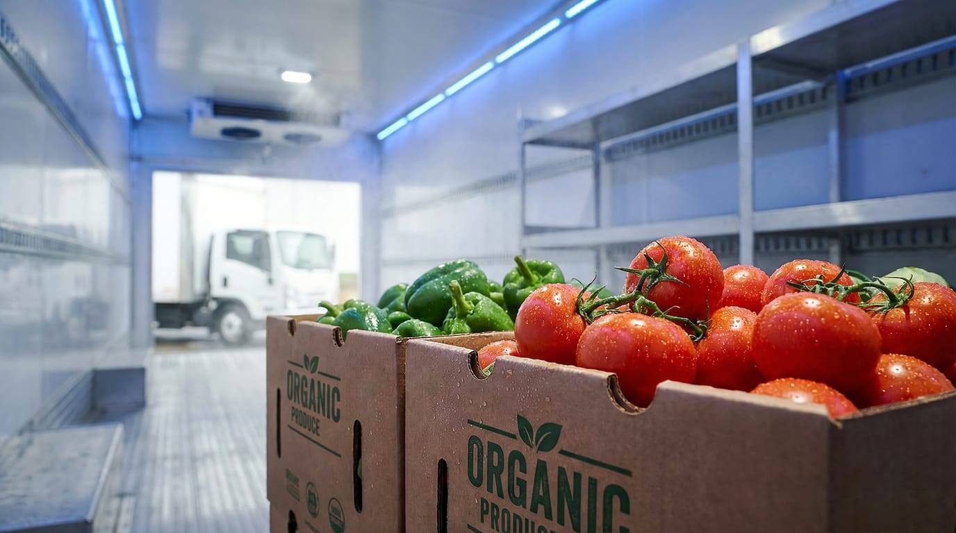 Frische Tomaten und Paprika in Bio-Kartons im Laderaum eines modernen Kühl-LKW mit aktivem Kühlaggregat.