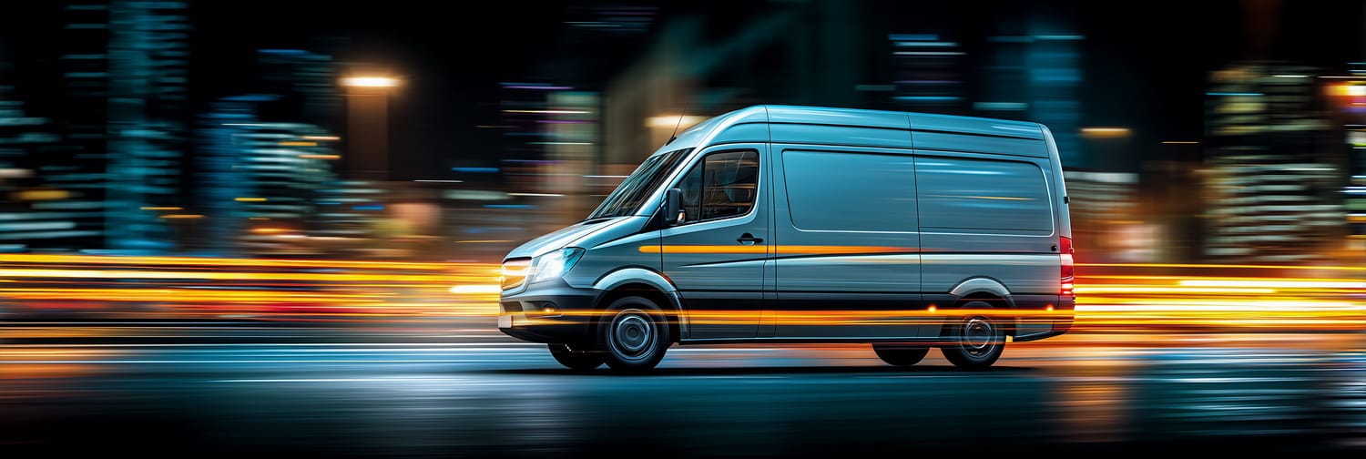 Ein moderner Lieferwagen fährt mit hoher Geschwindigkeit bei Nacht durch eine beleuchtete Stadt – Symbol für Express-Logistik.