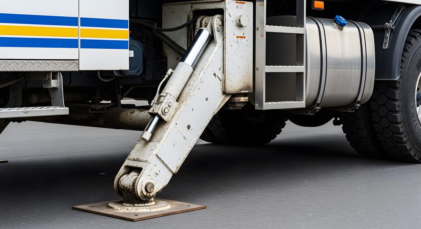 Technische Transportsicherheit & Spezialfahrzeuge | Direktspedition Ausgefahrene hydraulische Stütze eines Schwerlast-LKW zur Stabilisierung während des Ladevorgangs.