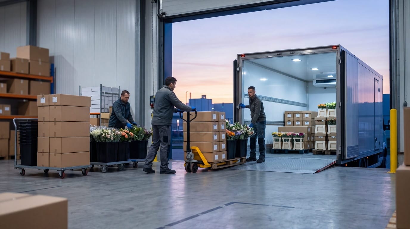 Logistikmitarbeiter beladen einen Kühl-LKW an einer Rampe mit palettierten Kartons und frischen Blumen im hell erleuchteten Laderaum.