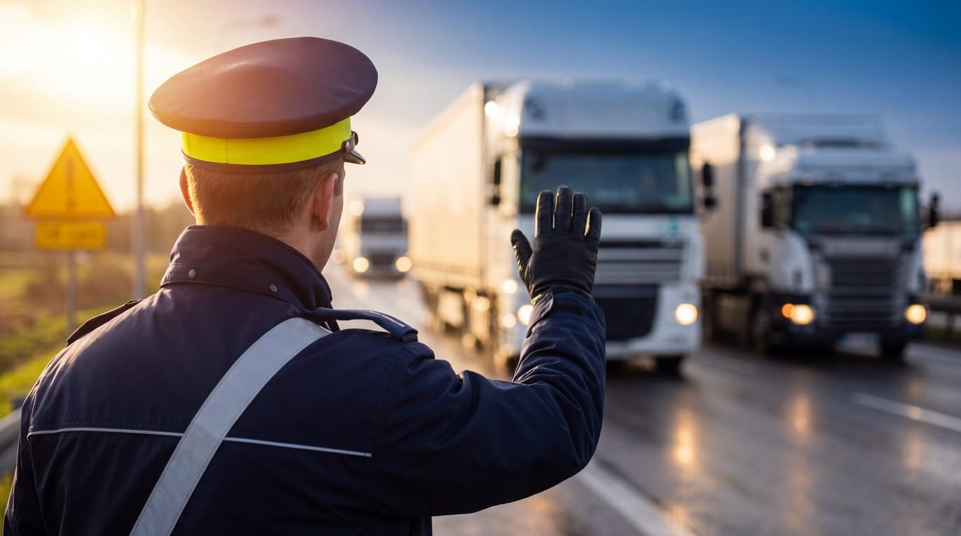 Ein Polizeibeamter oder BAG-Kontrolleur gibt Handzeichen zum Anhalten eines LKWs auf der Straße.