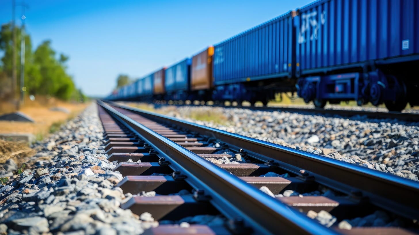 Nahaufnahme von Eisenbahnschienen, auf denen ein langer Güterzug mit Frachtcontainern bei klarem Wetter fährt.